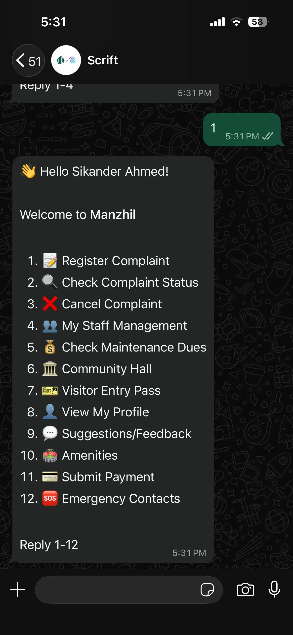 Manzhil WhatsApp chatbot interface for residents